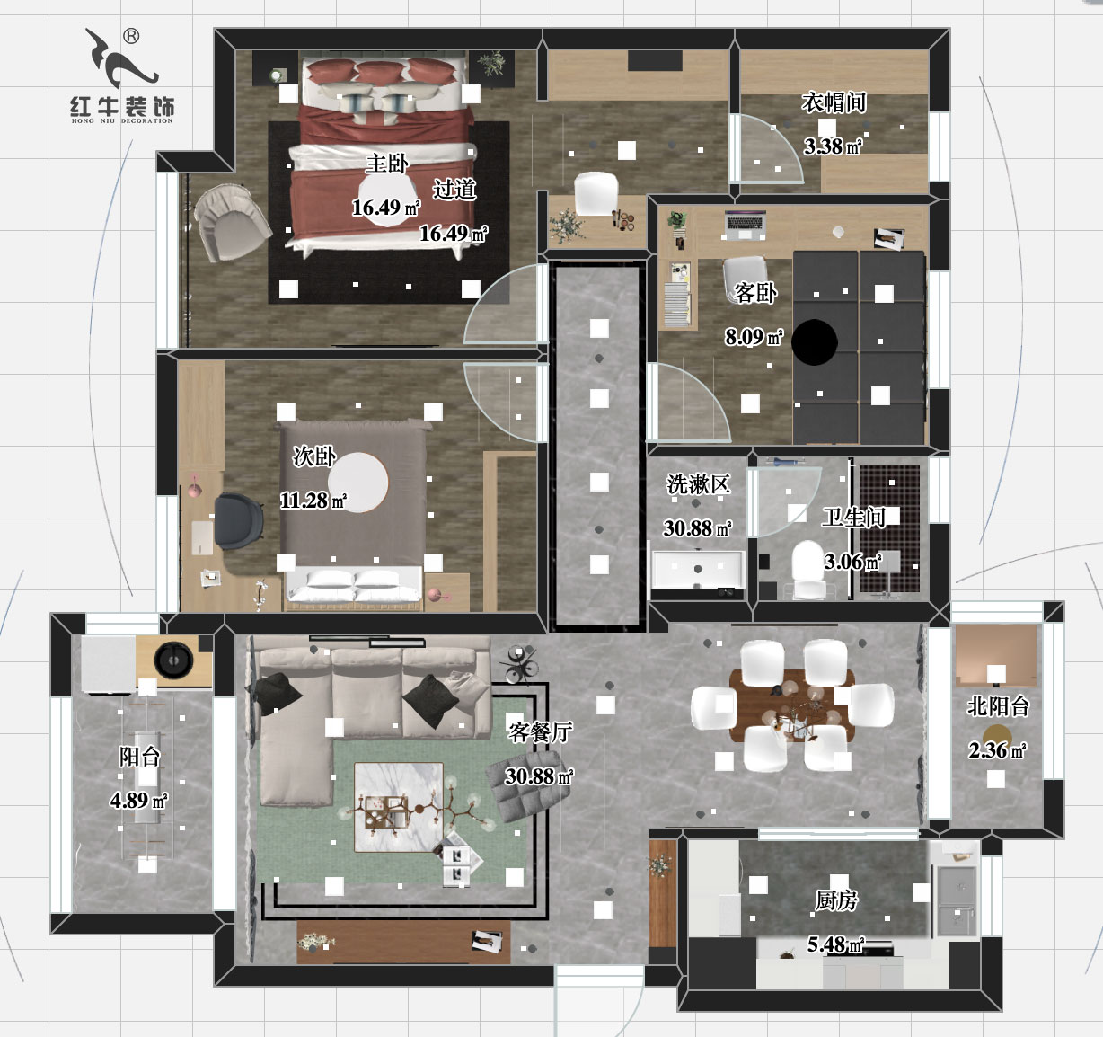 劉小勇_電建洺悅府二期12-102-137㎡-現代簡約風格_平面彩圖