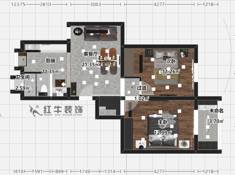 劉曉芳_寧棲園6-2-703-63㎡-現代風格_2室2廳1衛(wèi)（老房裝修）_定制家￥93000_全包9