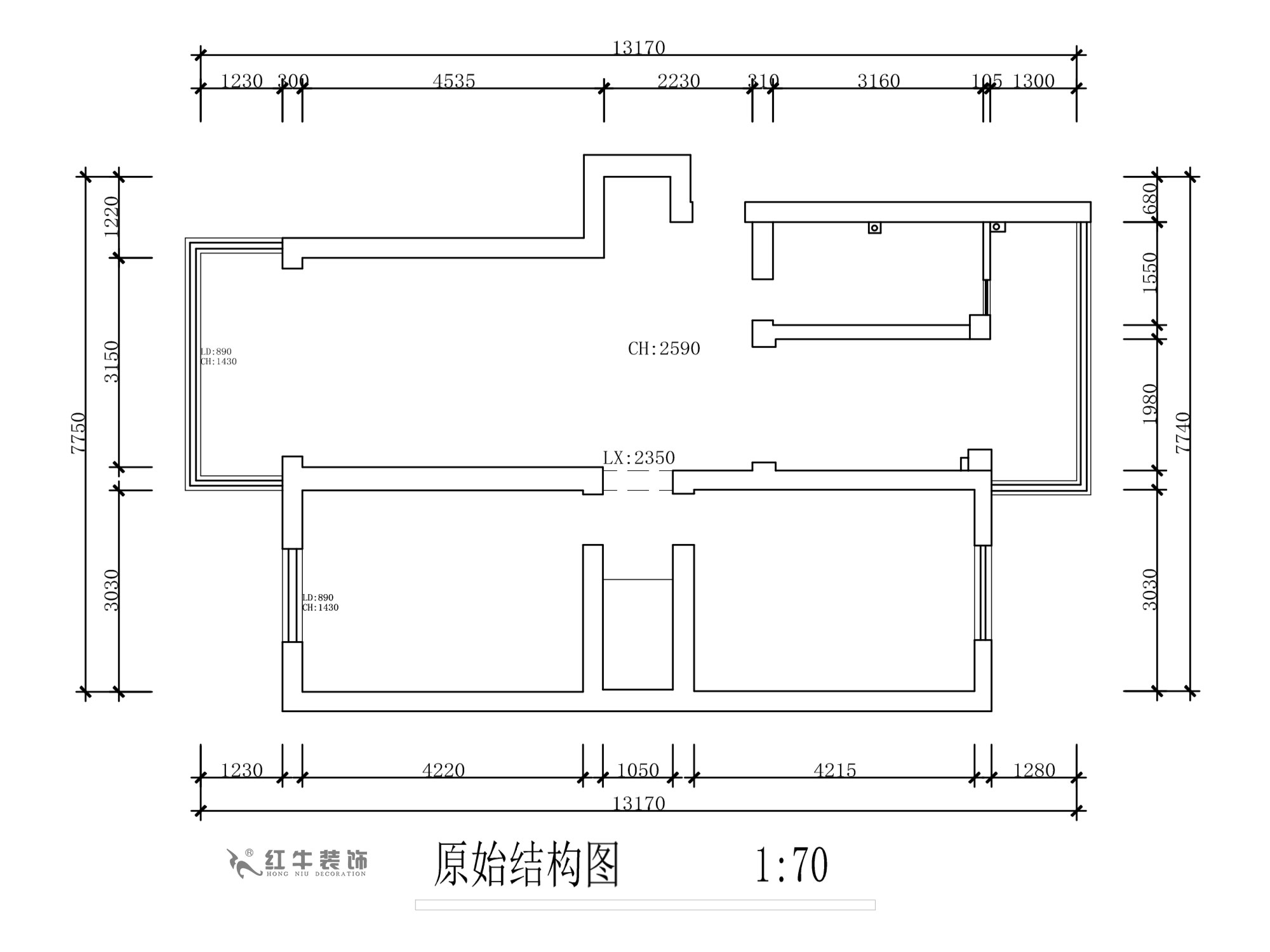 蔣?。旄@43-401-90㎡-現(xiàn)代簡(jiǎn)約風(fēng)格｜2室1廳1衛(wèi)｜舊房裝修｜定制家￥122757｜全包12萬(wàn)｜00_01原始結(jié)構(gòu)圖