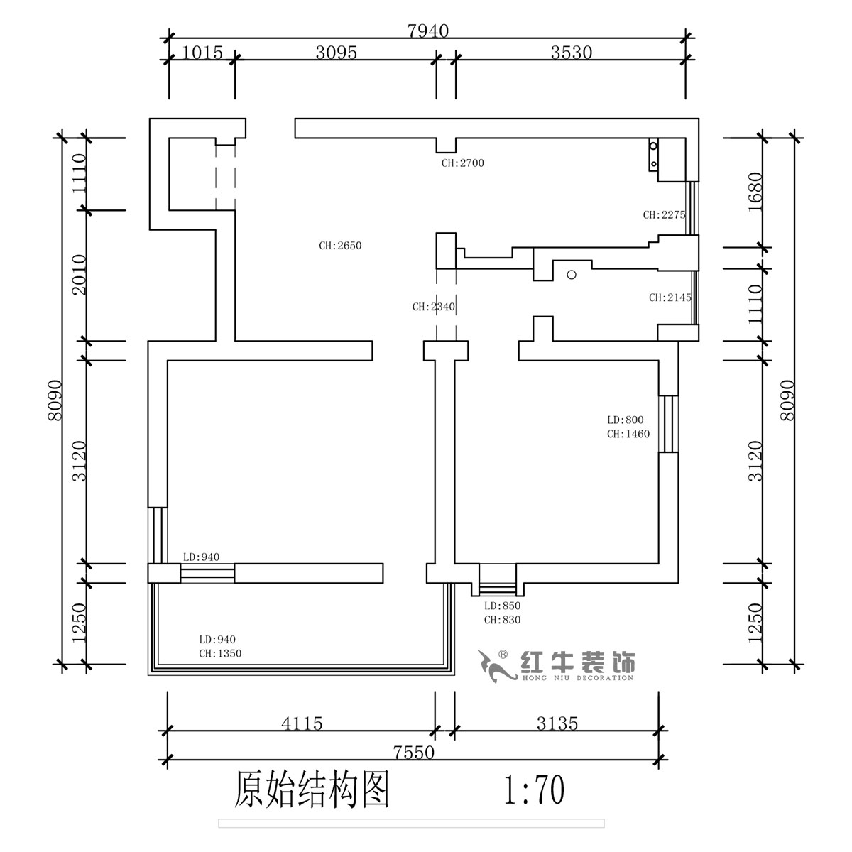 蔣琛｜公園路44號小區(qū)3-204-60㎡-現(xiàn)代簡約風(fēng)格｜2室1廳1衛(wèi)｜舊房裝修｜定制家｜全包10萬｜00_01原始結(jié)構(gòu)圖