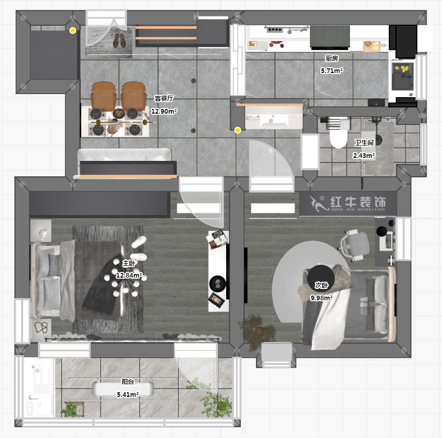 蔣?。珗@路44號小區(qū)3-204-60㎡-現(xiàn)代簡約風(fēng)格｜2室1廳1衛(wèi)｜舊房裝修｜定制家｜全包10萬｜00_03平面彩圖