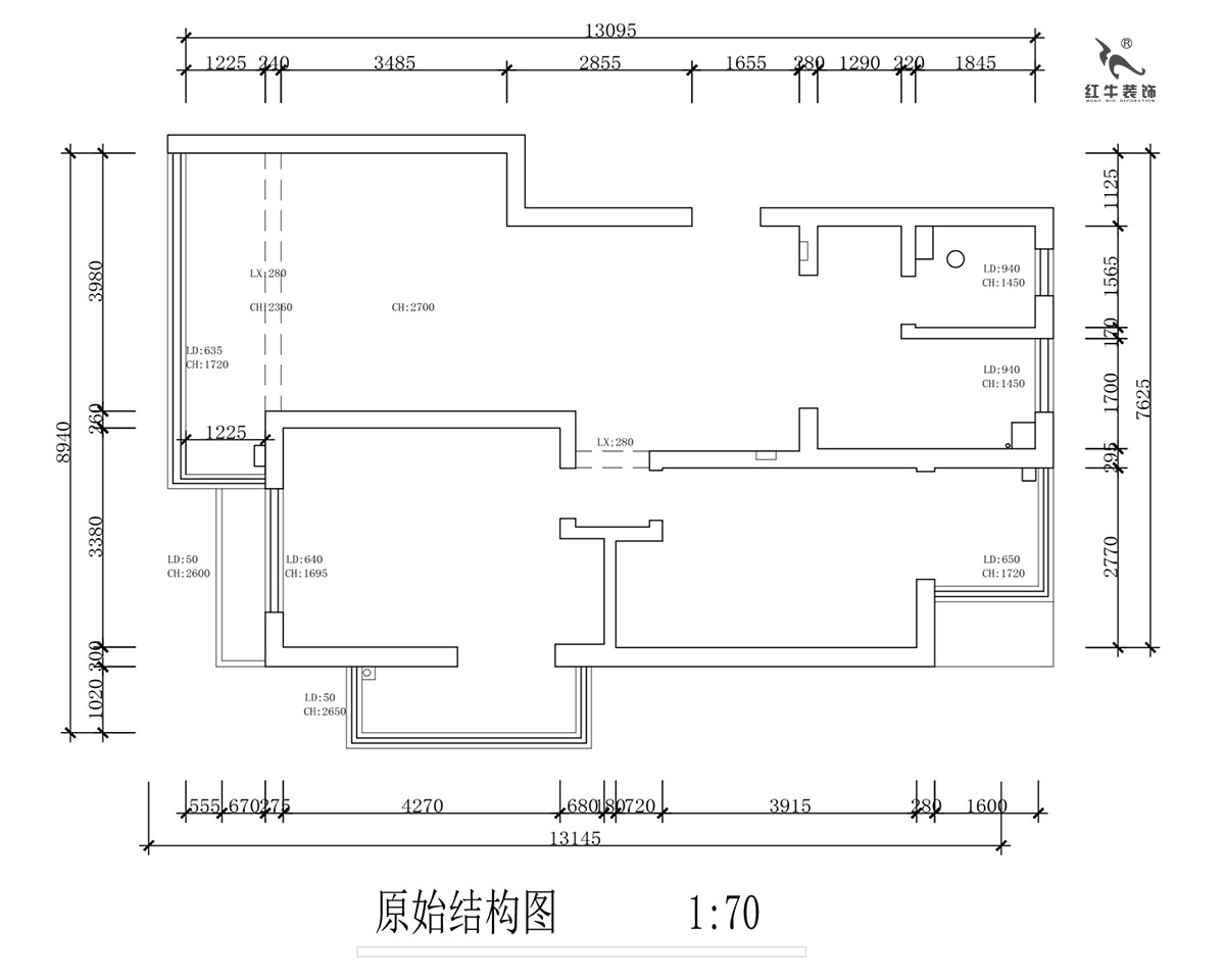 蔣?。霄沃腥A廣場11-601-110㎡-現(xiàn)代簡約風(fēng)格｜2室2廳1衛(wèi)｜舊房裝修｜定制家￥140400｜全包15萬｜00_01原始結(jié)構(gòu)圖