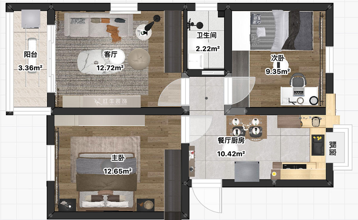 朱彥｜普德村118號(hào)4-406-65㎡-簡(jiǎn)約風(fēng)格｜2室2廳1衛(wèi)｜老房裝修｜定制家｜全包11萬｜00_03平面彩圖