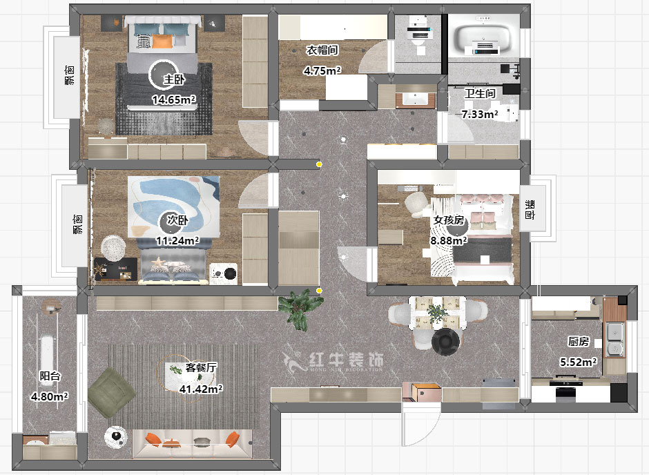 魏明花｜鴻意星城19-302-130㎡-現代簡約風格｜3室2廳2衛(wèi)｜二手房裝修｜定制家｜全包17