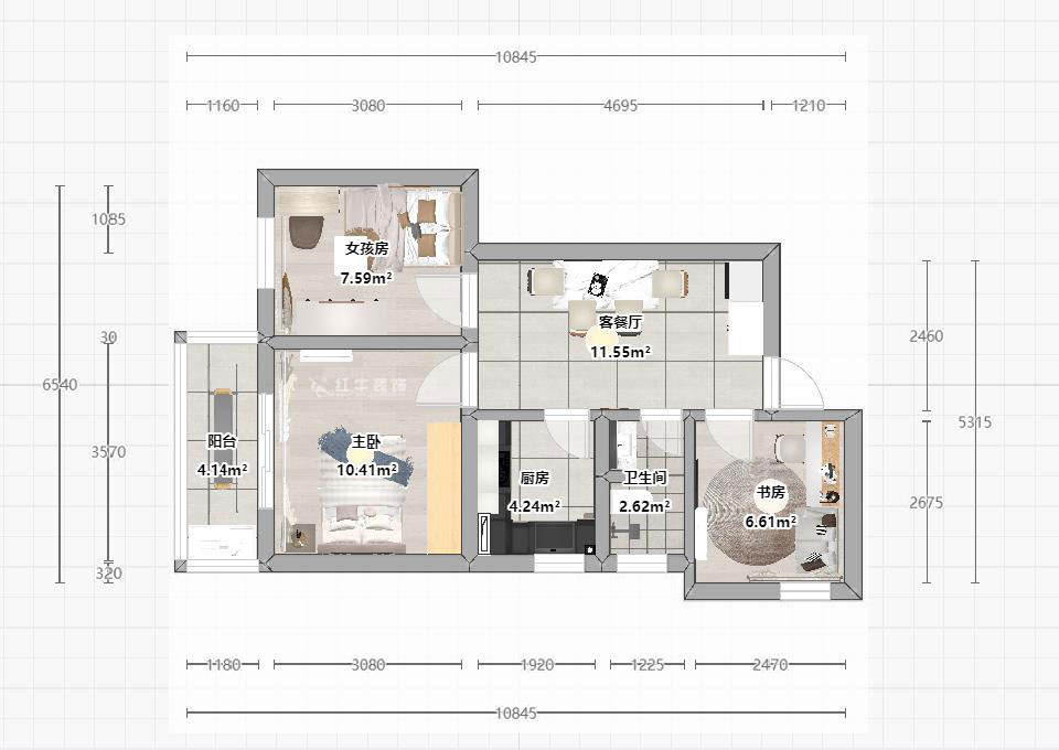 蔣琛｜建鄴路住宅小區(qū)72-1806-70㎡-現(xiàn)代簡約風(fēng)格｜3室1廳1衛(wèi)｜老房裝修｜定制家｜全包10萬｜00_03平面彩圖