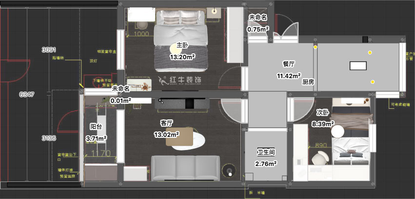 蔣?。驳吕?0號(hào)玻纖院小區(qū)14-103-65㎡-現(xiàn)代簡約風(fēng)格｜3室1廳1衛(wèi)｜老房裝修｜定制家｜全包10萬｜00_03平面彩圖