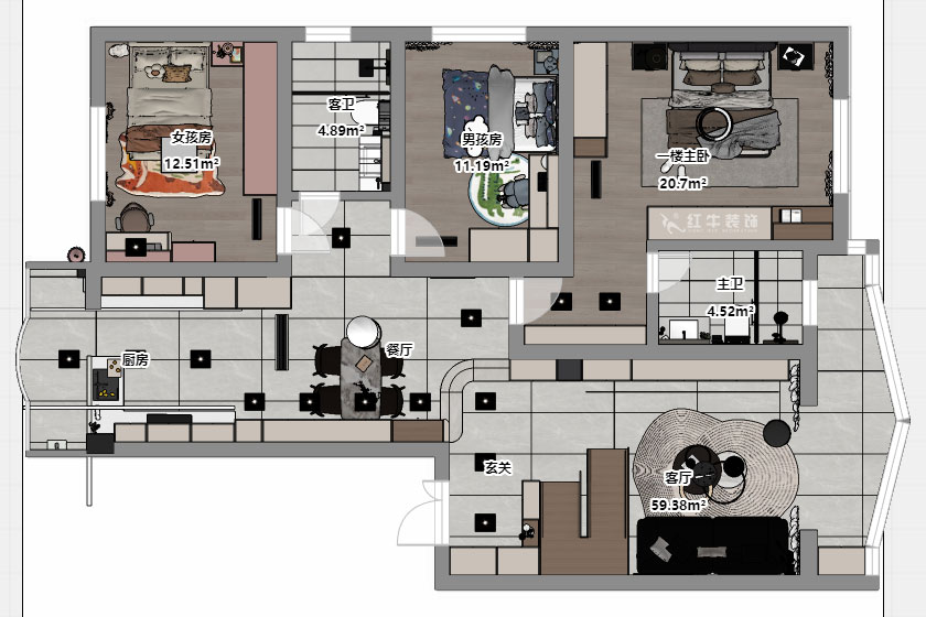 仇美蓉|梅花山莊36-3-605-132㎡-簡約風格|3室2廳2衛(wèi)|老房裝修|定制家|全包18萬|00_05平面彩圖