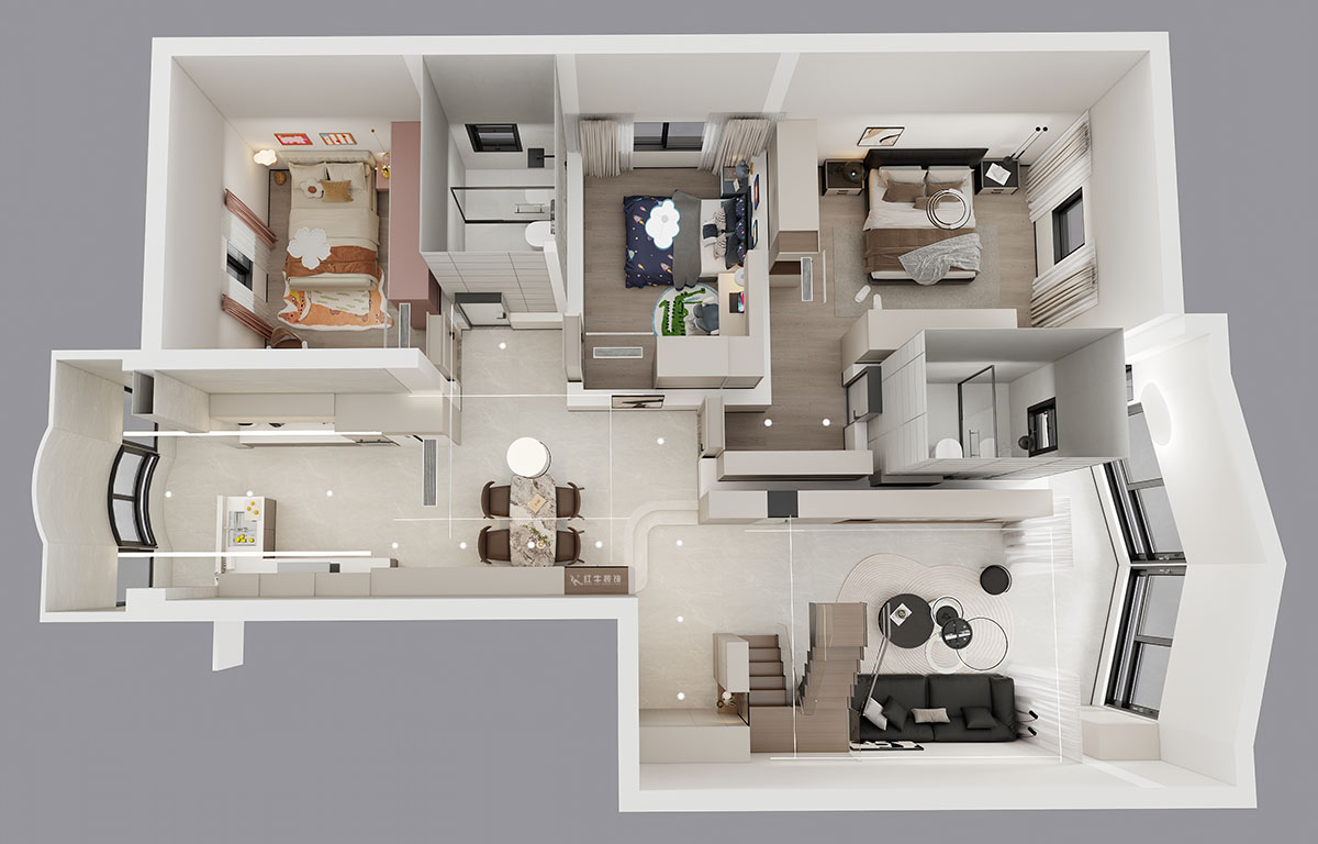 仇美蓉|梅花山莊36-3-605-132㎡-簡約風格|3室2廳2衛(wèi)|老房裝修|定制家|全包18萬|00_06鳥瞰圖