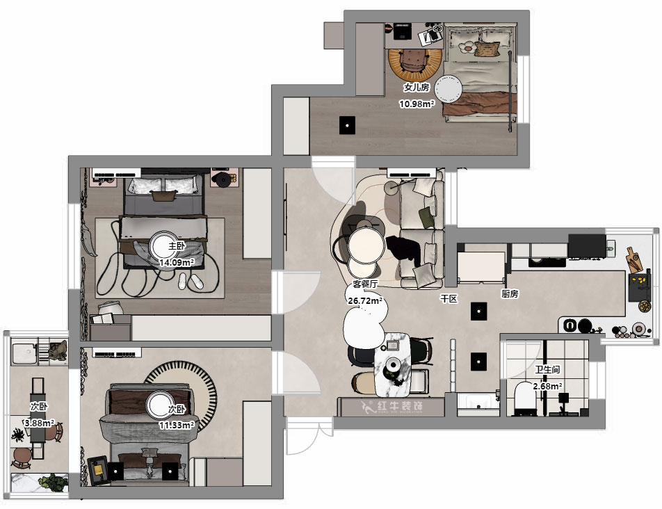 朱明琪|明月新寓花園12-102-85㎡-現(xiàn)代簡約風(fēng)格|3室1廳1衛(wèi)|老房改造|定制家|全包11萬|00_03平面彩圖